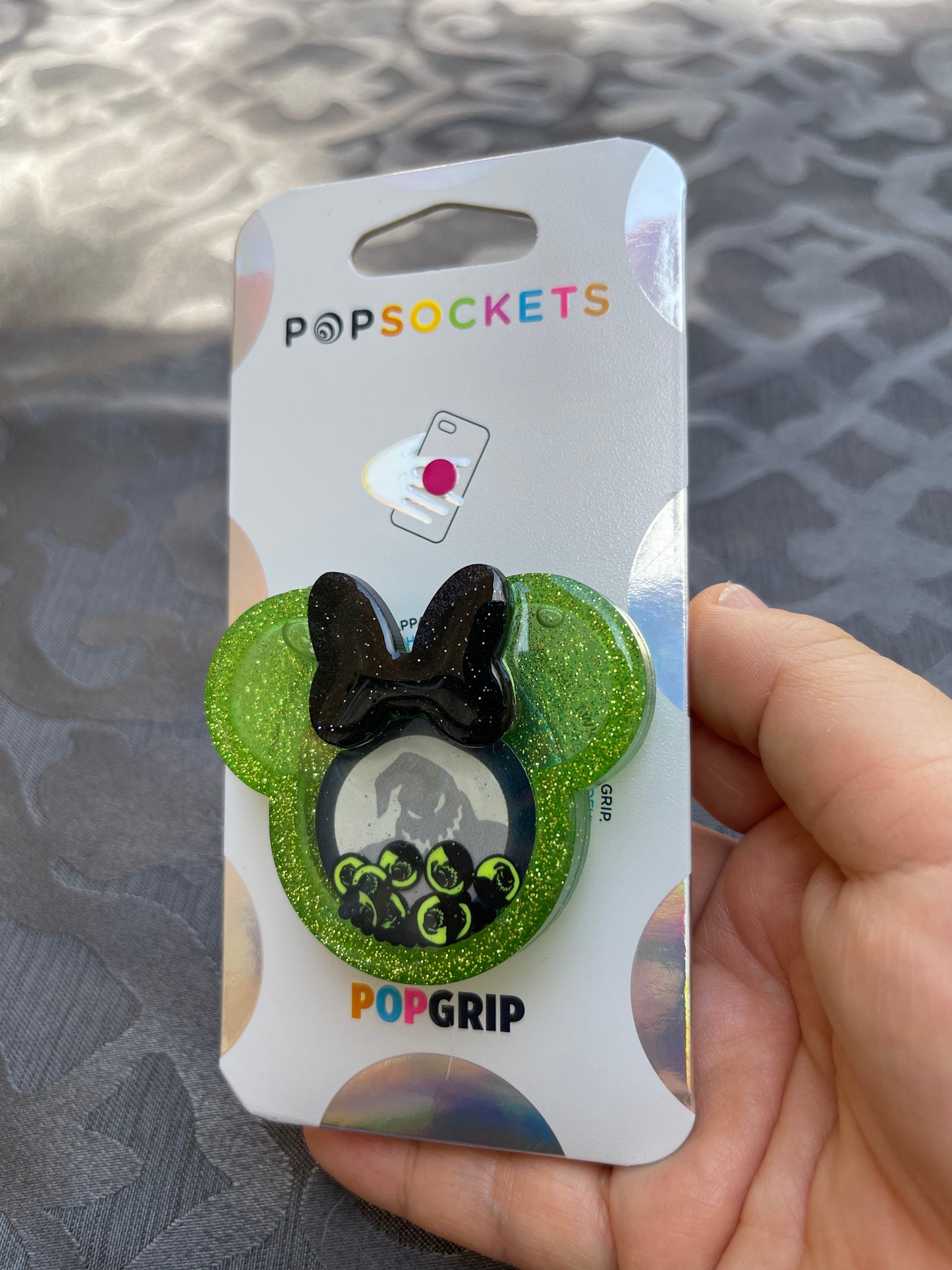 Oogie Boogie mouse w/bow Shaker Phone Grip-Neon Green