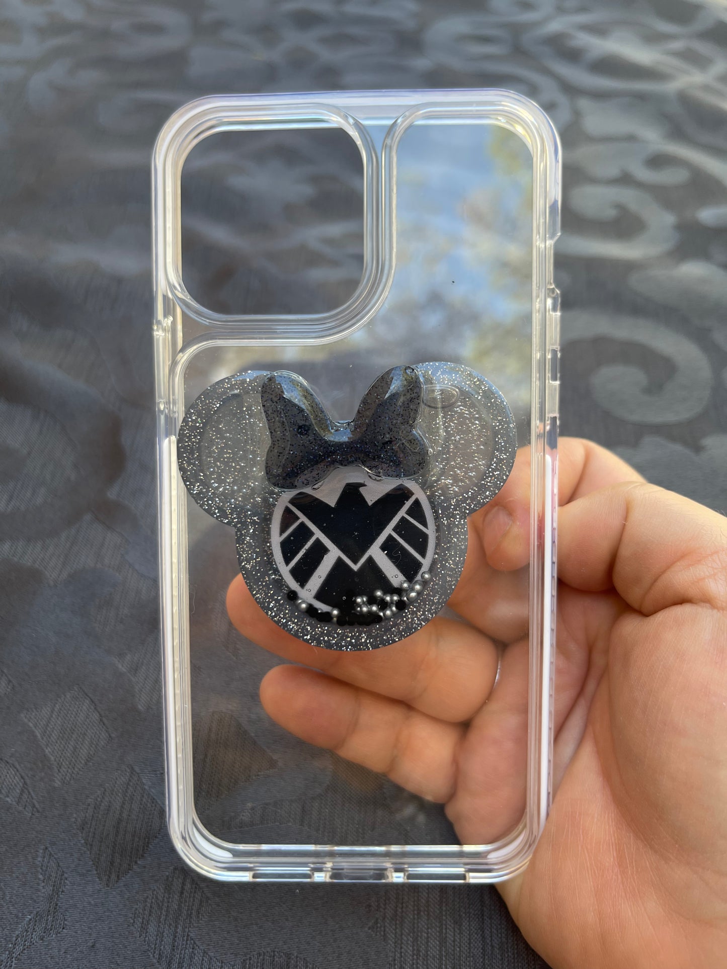 Shield Mouse w/bow Shaker Phone Grip-Dark Grey